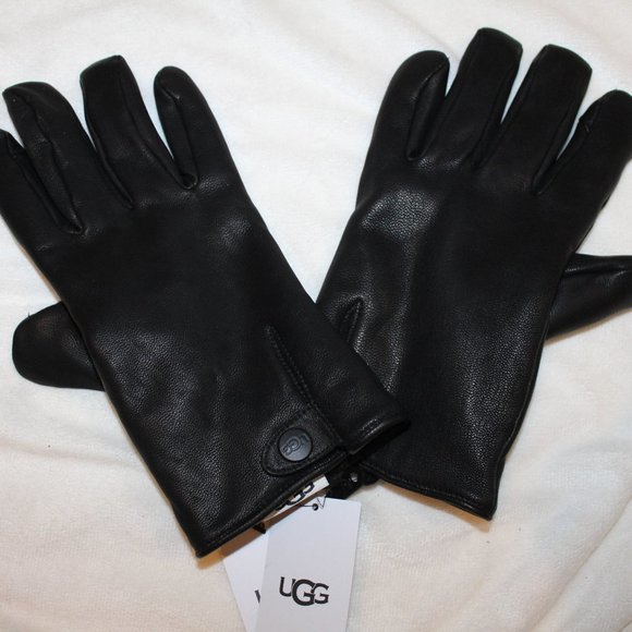 NWT UGG MEN'S 3 POINT SNAP LEATHER WOOL LINED WINTER GLOVES BLACK M L - Picture 2 of 5